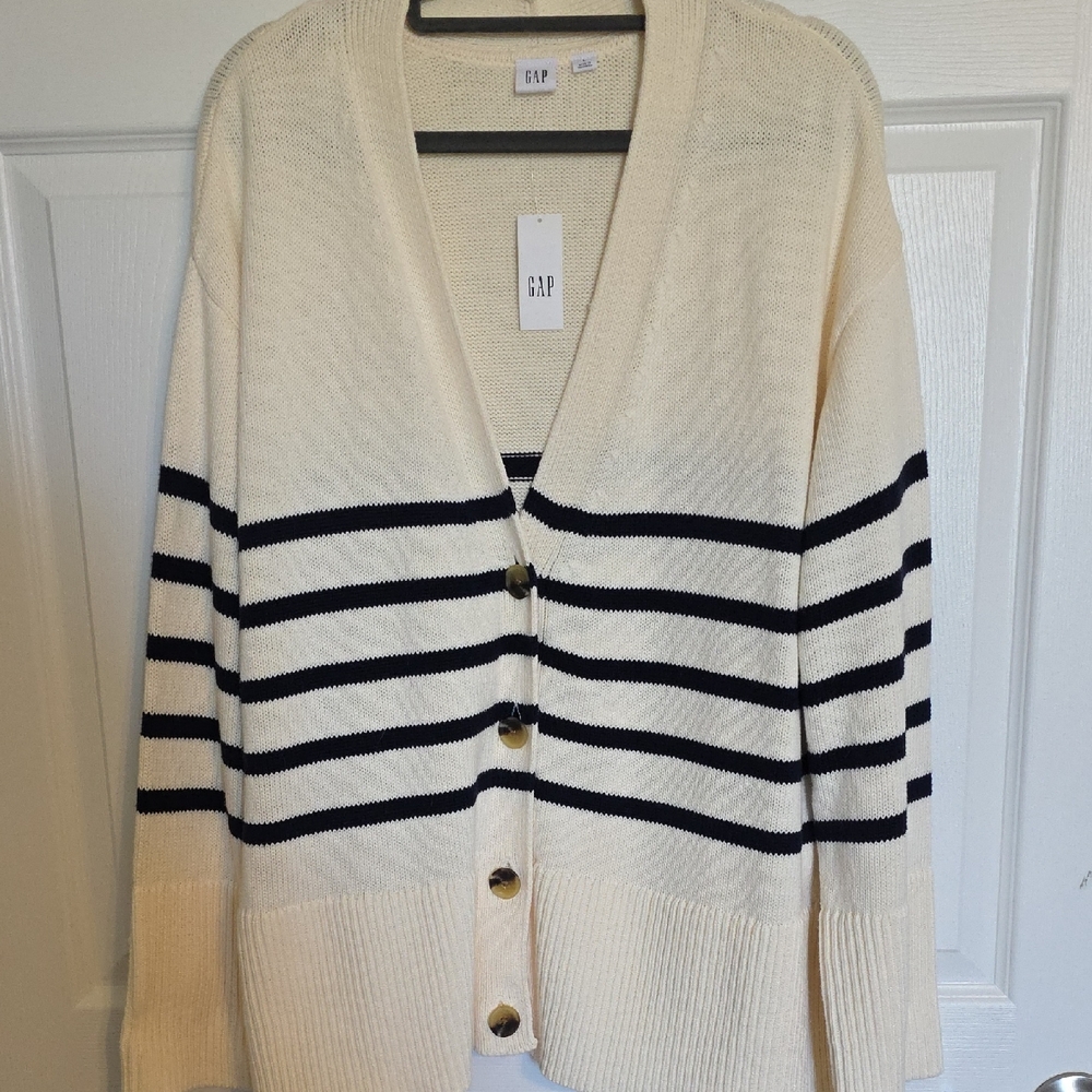 GAP Cream with Navy Striped Button-Front Cardigan